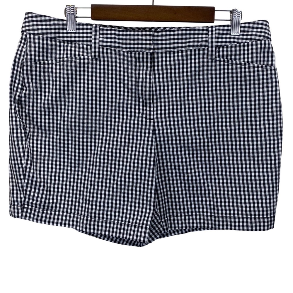Lands End Womens Black White Gingham Mid Rise Shorts Size 14P Stretch Preppy